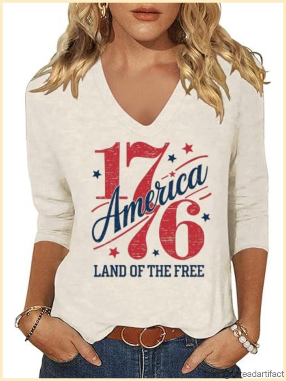 Women's Patriotic 4th of July V-Neck 3/4 Sleeve T-Shirt USA Graphic Tee